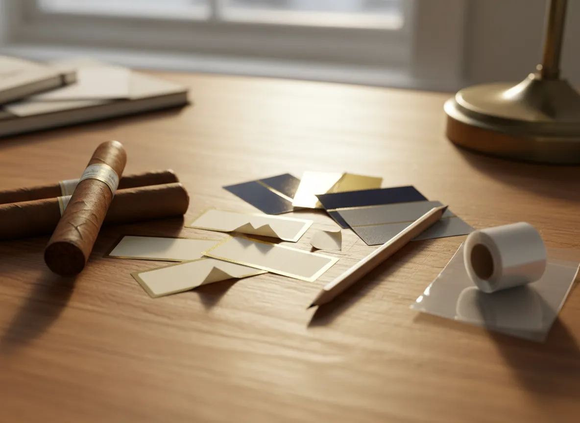 Cigars next to blank custom label stickers, color swatches and clear cellophane sleeves on a wooden desk