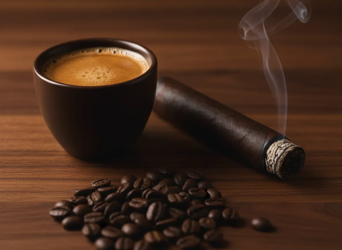 Close-up of a dark espresso beside a dark maduro-style cigar and roasted coffee beans