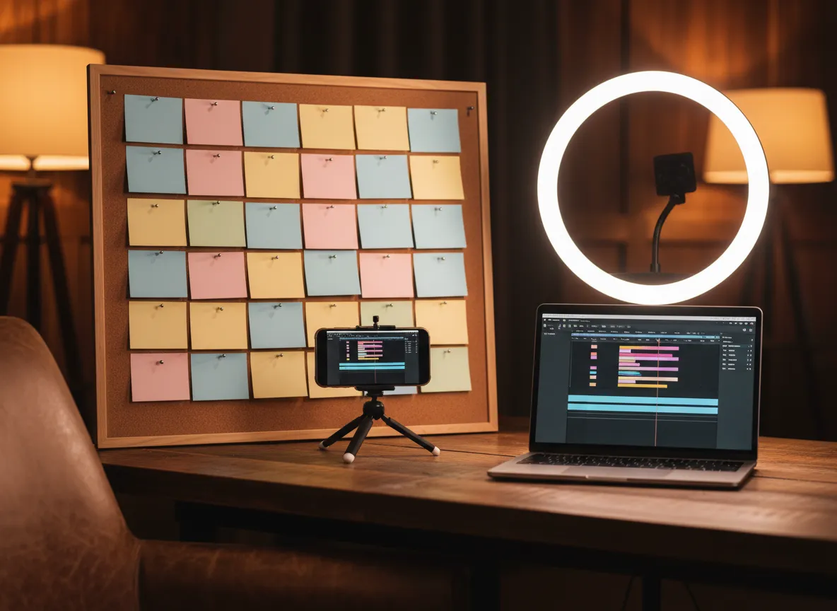 Content calendar board of colored index cards beside a phone on a tripod, a ring light and a laptop showing a video editing timeline