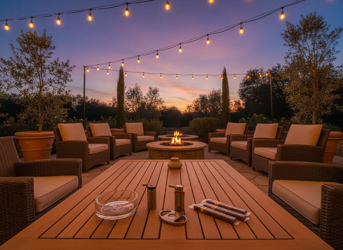 Outdoor patio set up for a cigar gathering with an ashtray, cutter, torch lighter and cigars under string lights