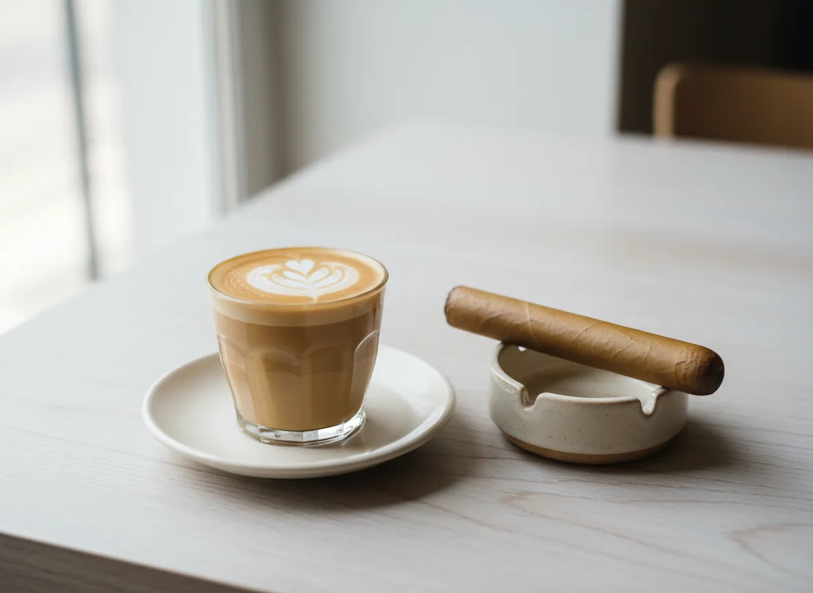 A latte beside a light golden Connecticut-style cigar on a pale wooden café table