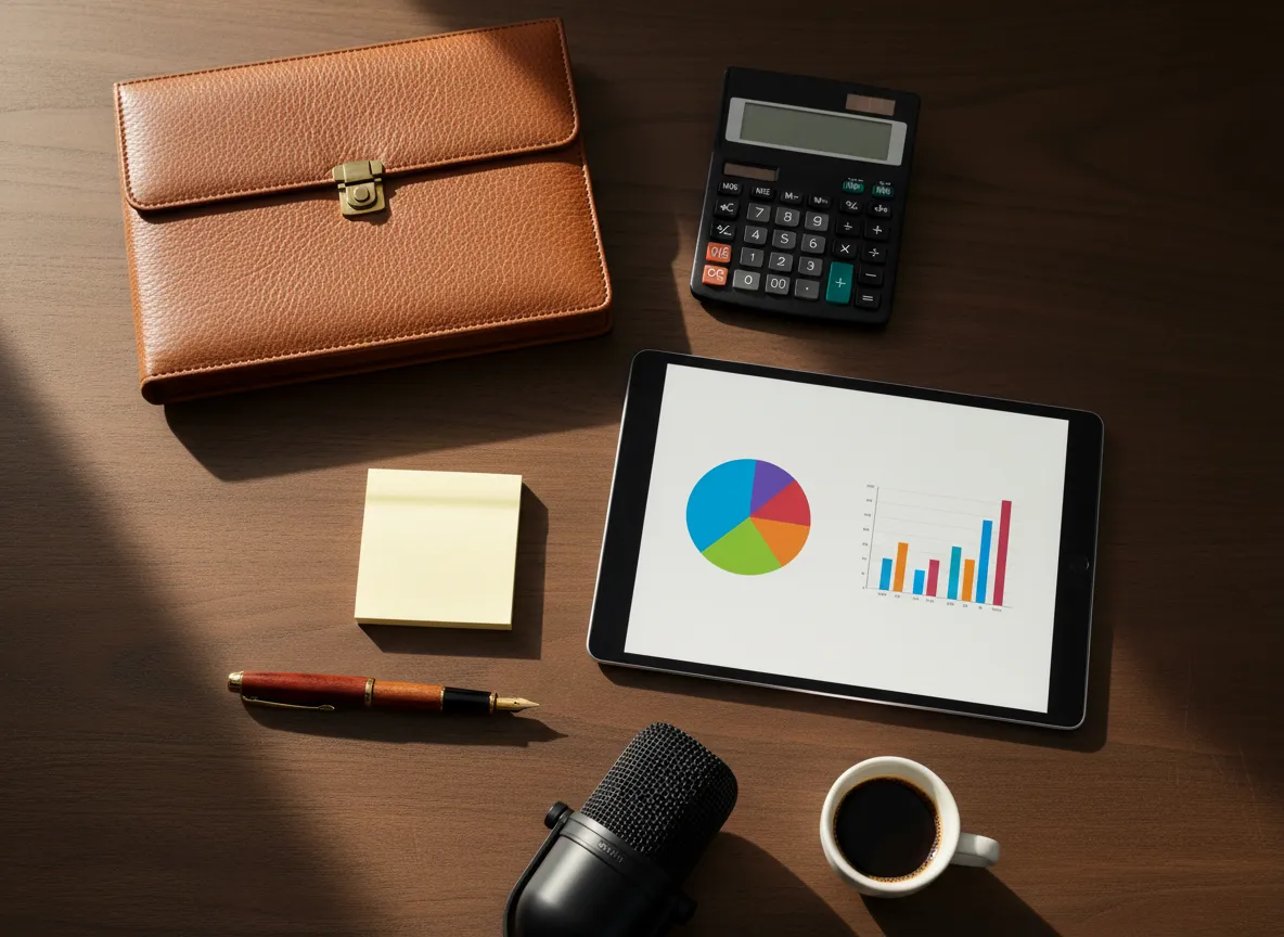 Overhead view of a desk with a leather portfolio, calculator, tablet showing charts, blank sticky notes, a microphone and an espresso