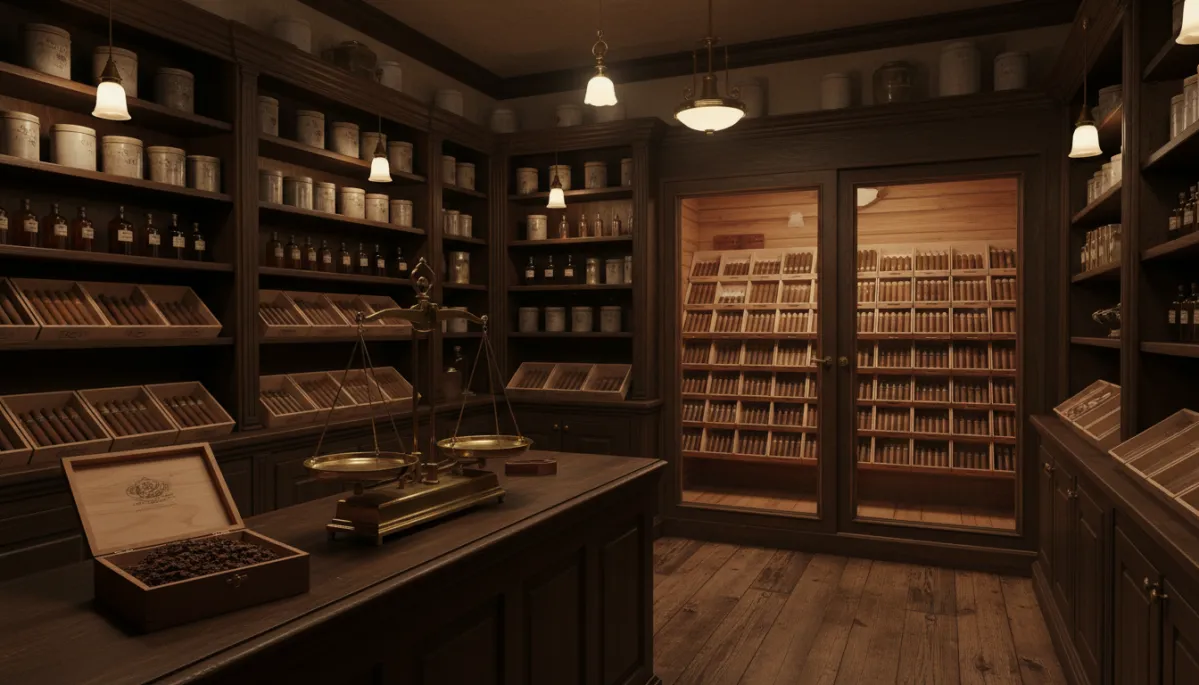 Cedar boxes of unbanded cigars on dark wooden shelves inside a traditional tobacconist shop