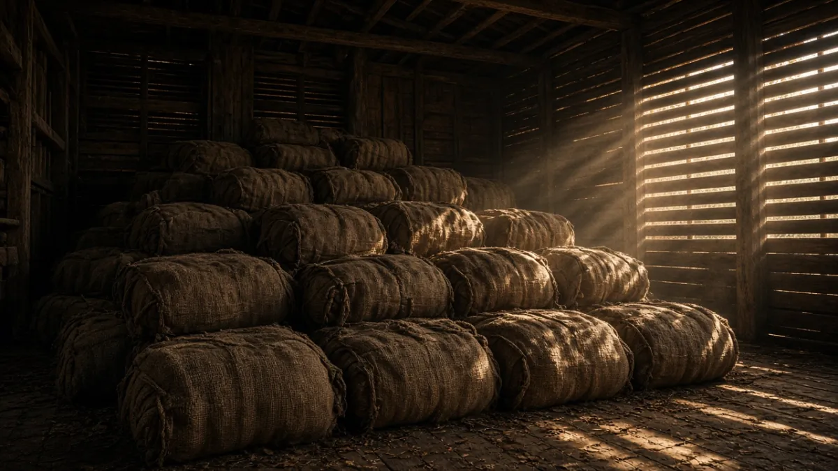 Burlap-wrapped bales of aged cigar tobacco stacked in a dim wooden curing barn.
