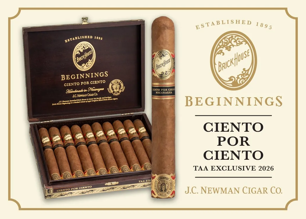 Open box of Brick House Beginnings Ciento por Ciento cigars beside a single banded cigar, with the Brick House logo and the words TAA Exclusive 2026, J.C. Newman Cigar Co.