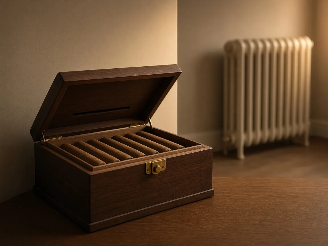 Wooden humidor of unbanded cigars set against an interior wall, with a heating radiator across the room
