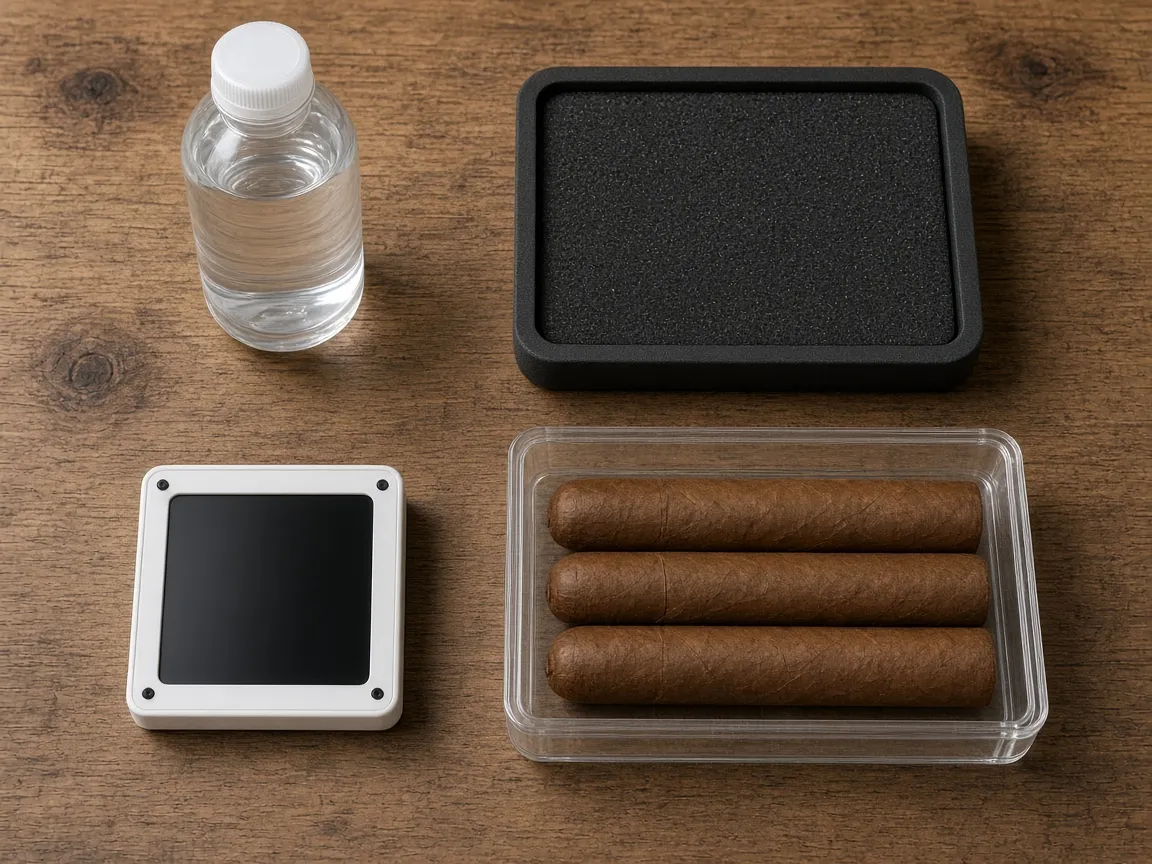 Distilled water, a humidification device, a digital hygrometer and three unbanded cigars in a clear lidded container on a wooden bench