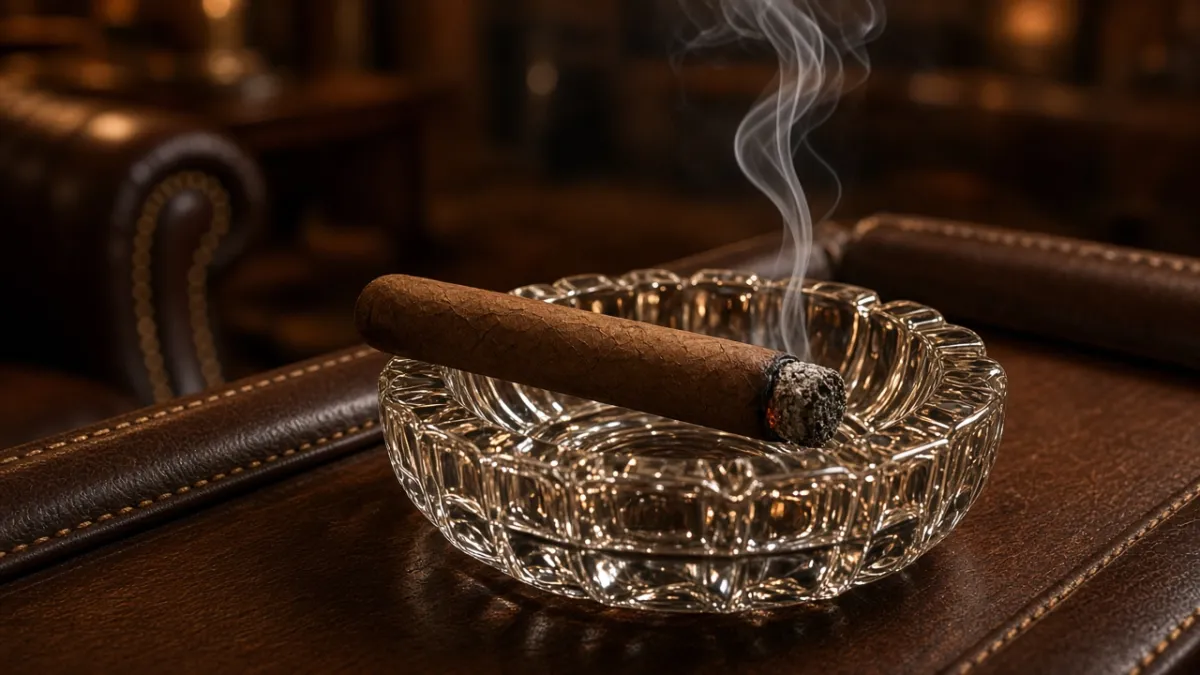 A lit, unbanded cigar resting in a glass ashtray with a thin curl of smoke.