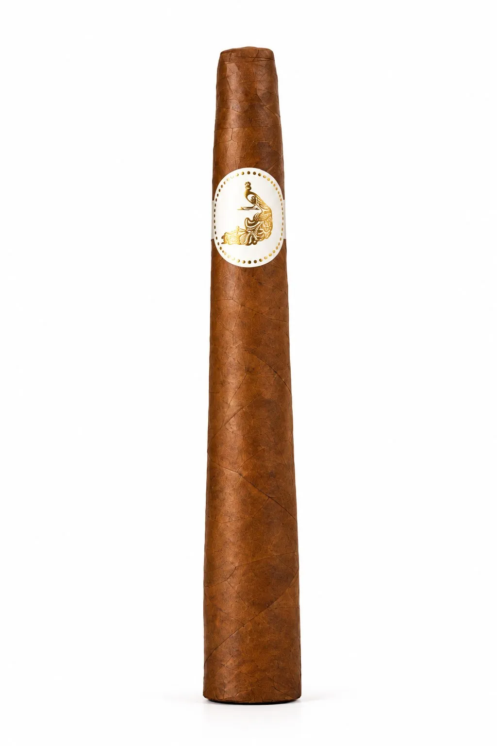 Single MBombay MQBA Mayura Pyramid 2019 cigar with a colorado claro Habano wrapper and a white oval band with a gold peacock