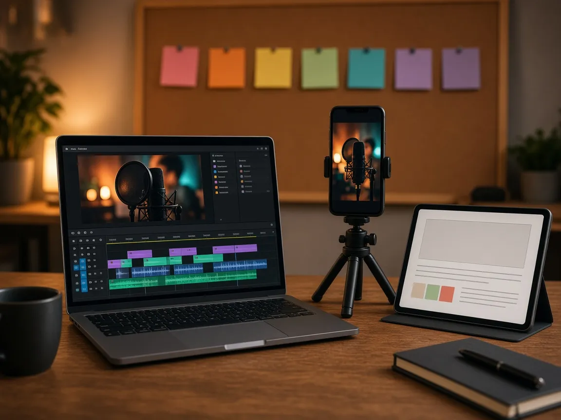 Laptop showing a video editing timeline next to a phone on a tripod with a vertical video frame, a tablet with a newsletter layout and colored sticky notes on a corkboard