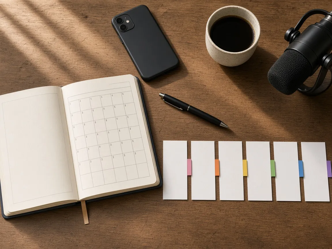 Overhead view of an open planner with blank calendar squares, a pen, a phone, a cup of black coffee, a podcast microphone and a row of index cards with colored tabs