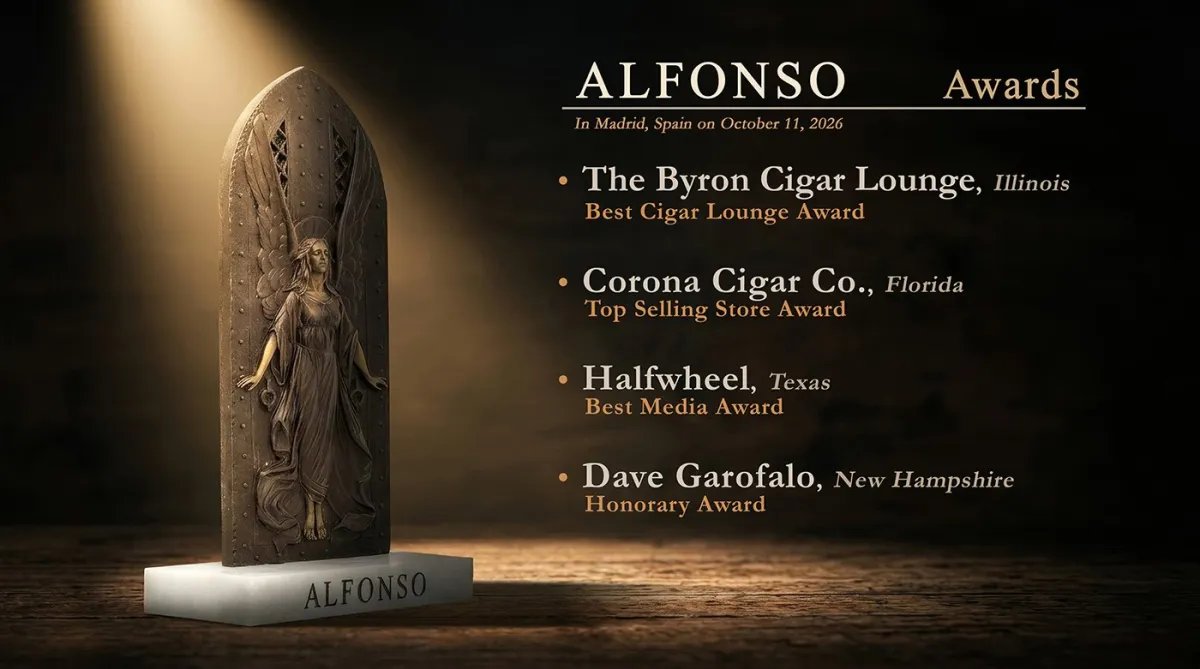 Alfonso Awards graphic dated October 11, 2026 in Madrid, listing The Byron Cigar Lounge, Corona Cigar Co., Halfwheel and Dave Garofalo beside a bronze angel trophy