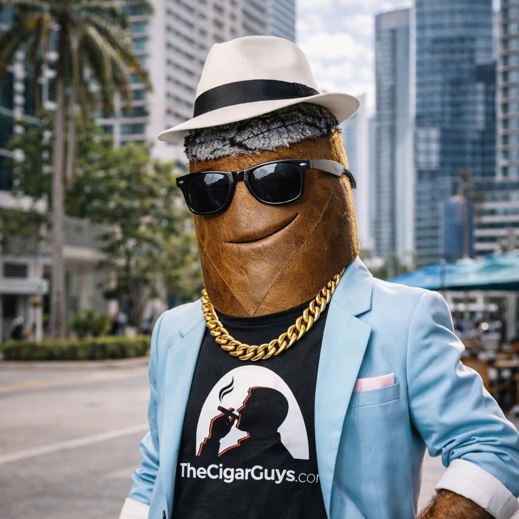 Maduro Volado, a cigar wearing a white fedora, black sunglasses and a gold chain