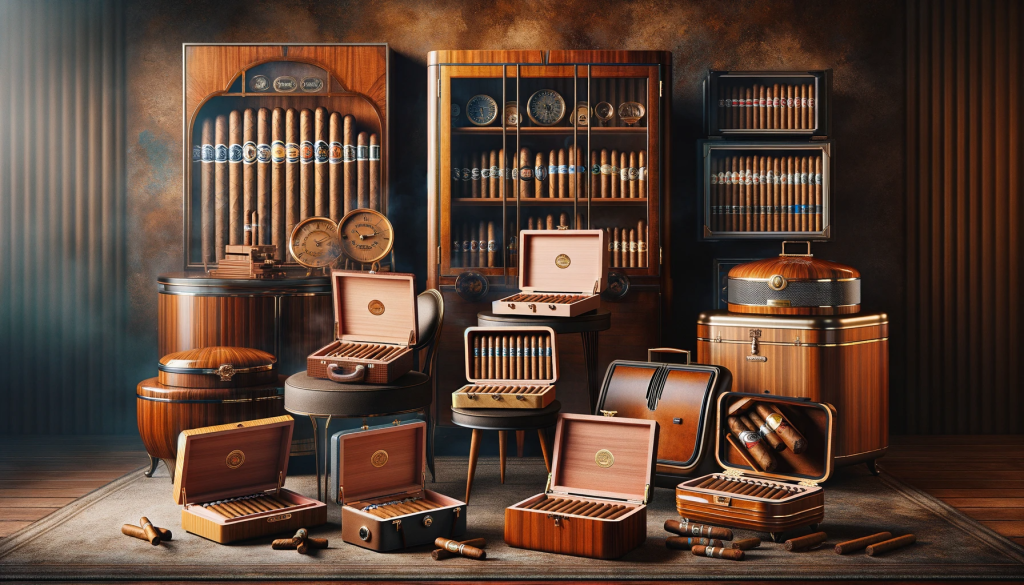 A luxurious and diverse collection of cigar humidors for an article cover. The image showcases an array of humidors_ a classic wooden desktop humidor