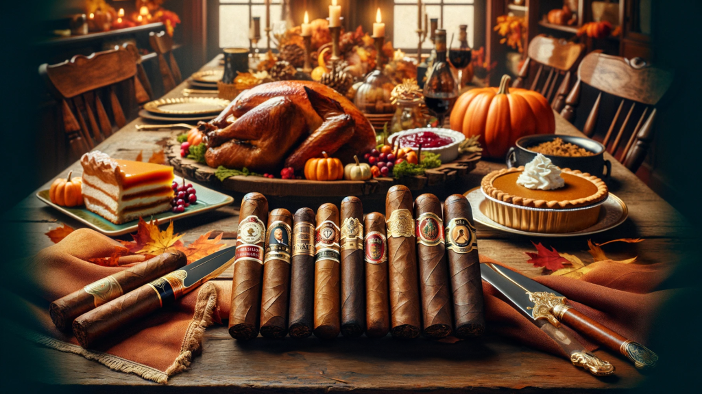 Cigars on a table full of thanksgiving food