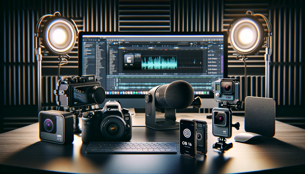 A professional podcast setup featuring a range of equipment_ a Canon EOS camera, a GoPro, two smartphones (Pixel 4 and Pixel 6), an iPhone 14, and a c