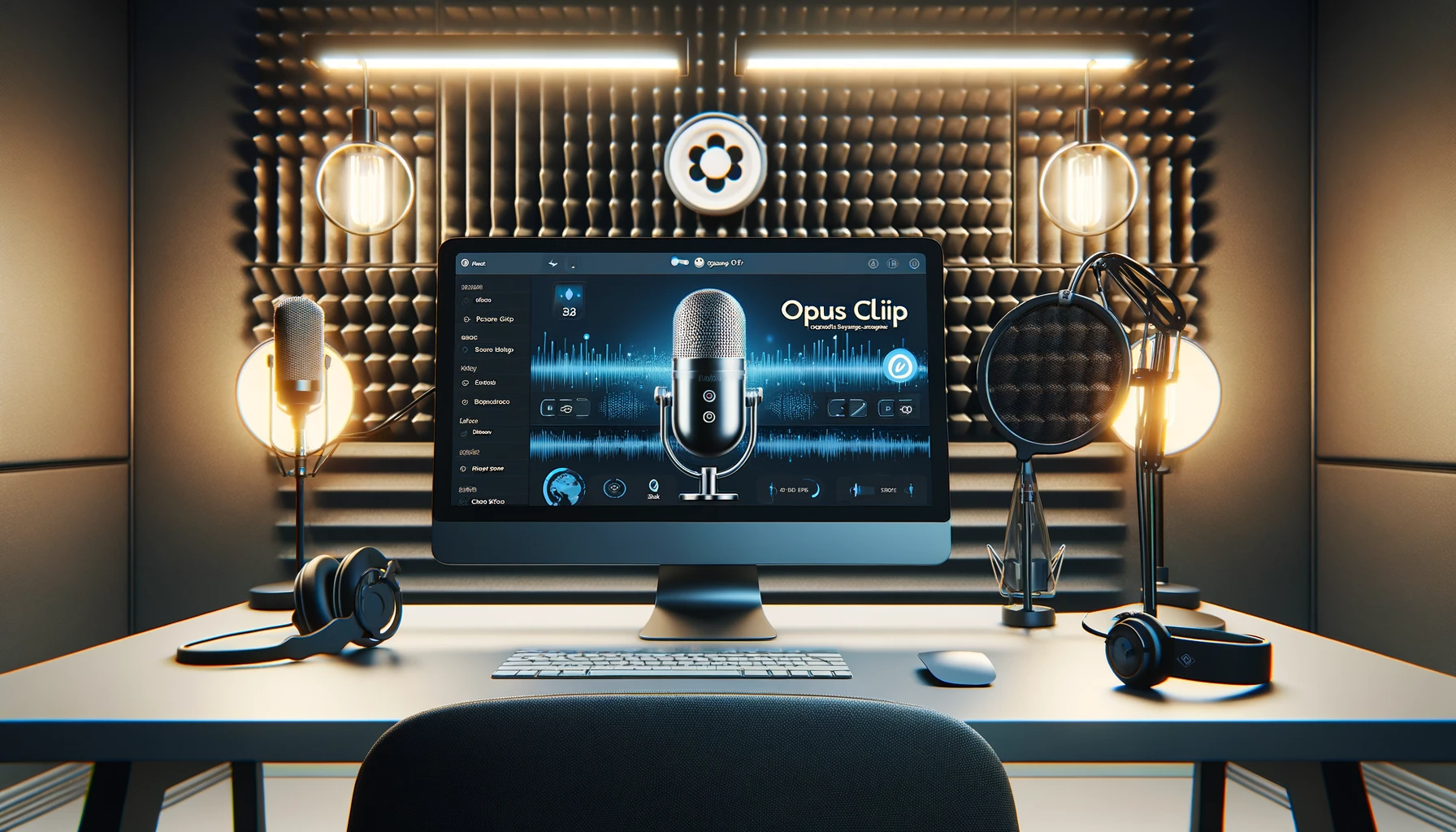 A modern podcast studio with a computer screen displaying the interface of 'Opus Clip', an AI-powered podcast clipping tool. The studio is equipped wi