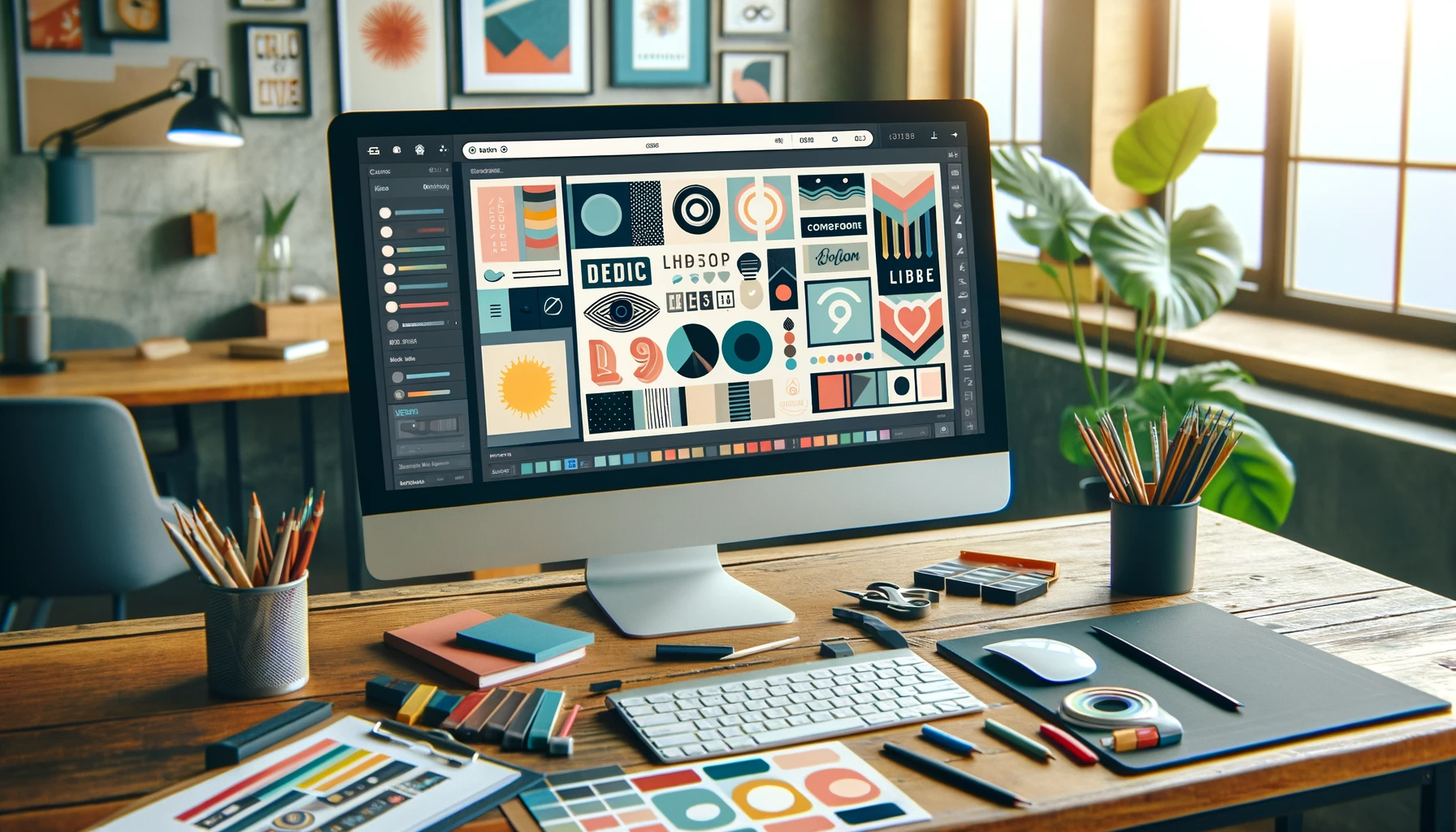 A creative workspace showing a computer screen with Canva open, displaying a variety of design tools and templates. The scene includes graphic design
