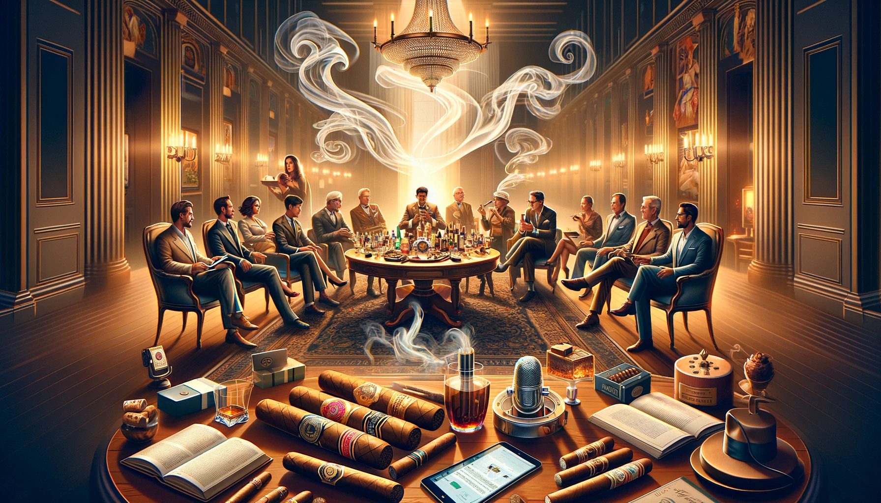 men sitting at a round table smoking cigars