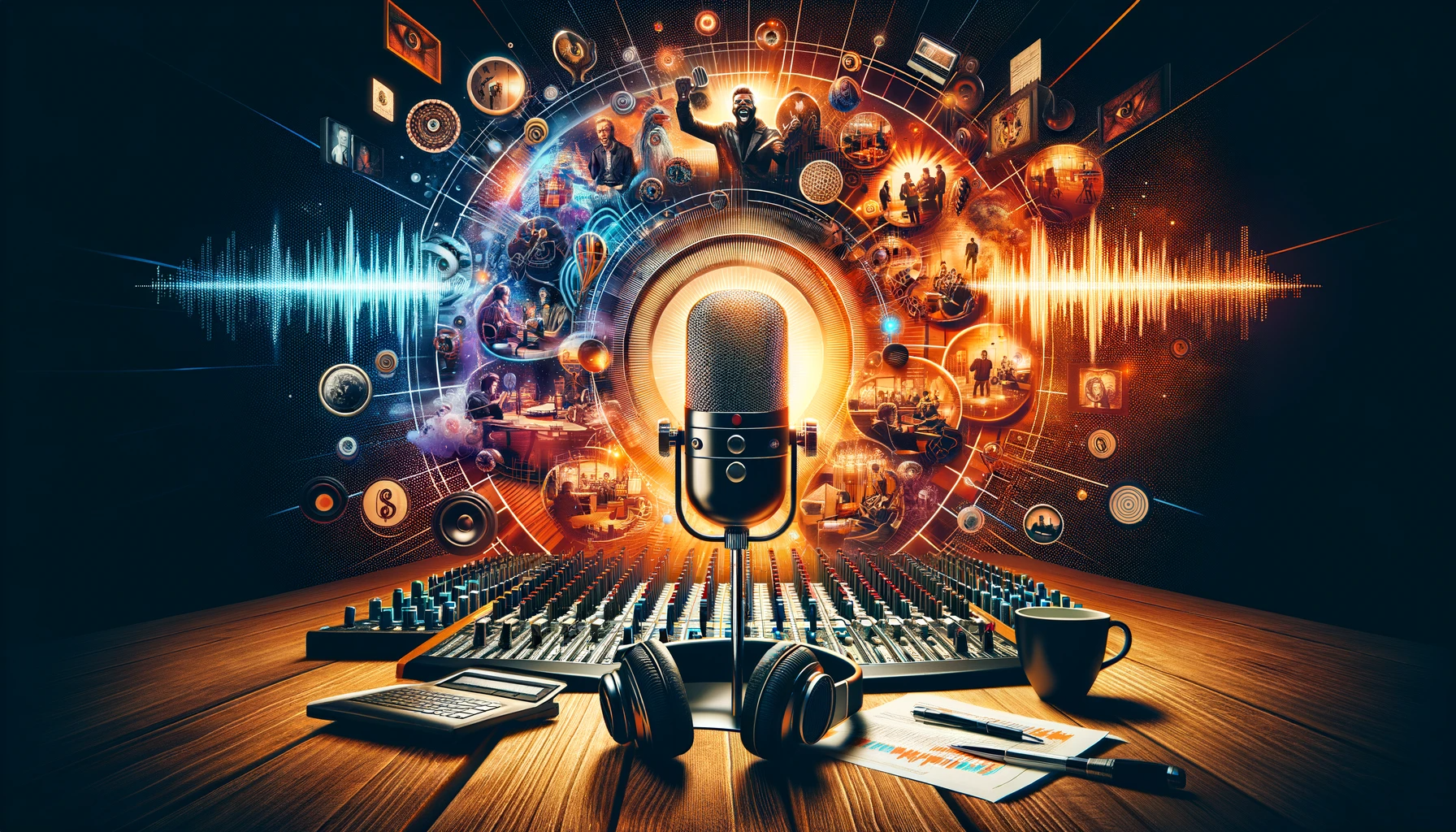 a podcast microphone with graphics above a soundboard